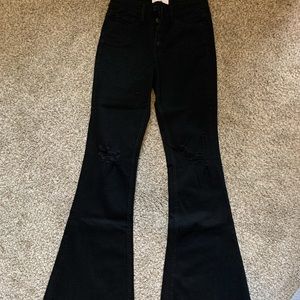 Black distressed flare jeans.